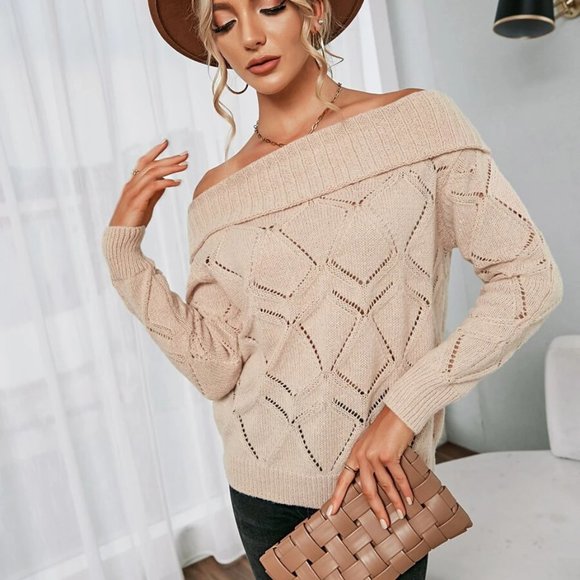 SHEIN Pointelle Off Shoulder Open Knit Sweater (size 6) - Picture 1 of 9